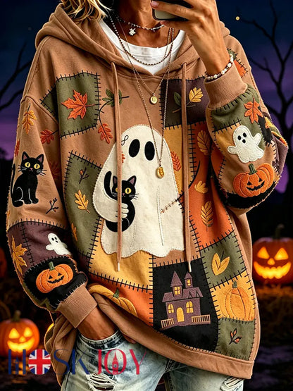 Women’s Halloween Pattern Color Block Printed Causal Hoodie - Brown / S