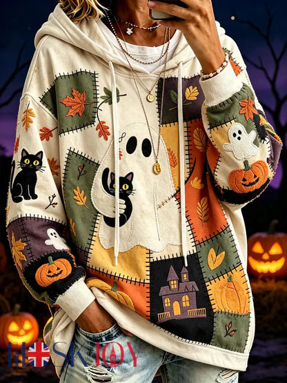 Women’s Halloween Pattern Color Block Printed Causal Hoodie - Creamy-White / S