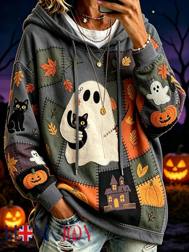 Women’s Halloween Pattern Color Block Printed Causal Hoodie - Dark Gray / S