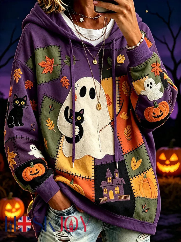 Women’s Halloween Pattern Color Block Printed Causal Hoodie - Deep Purple / S
