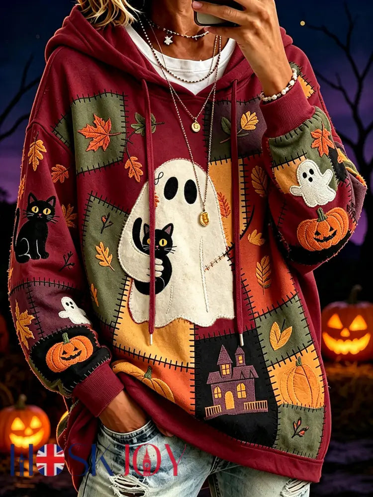 Women’s Halloween Pattern Color Block Printed Causal Hoodie - Deep Red / S