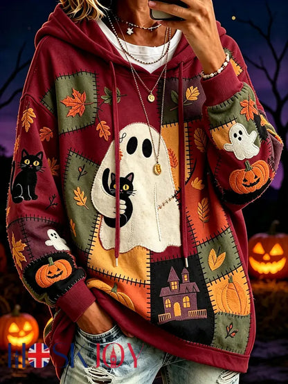 Women’s Halloween Pattern Color Block Printed Causal Hoodie - Deep Red / S