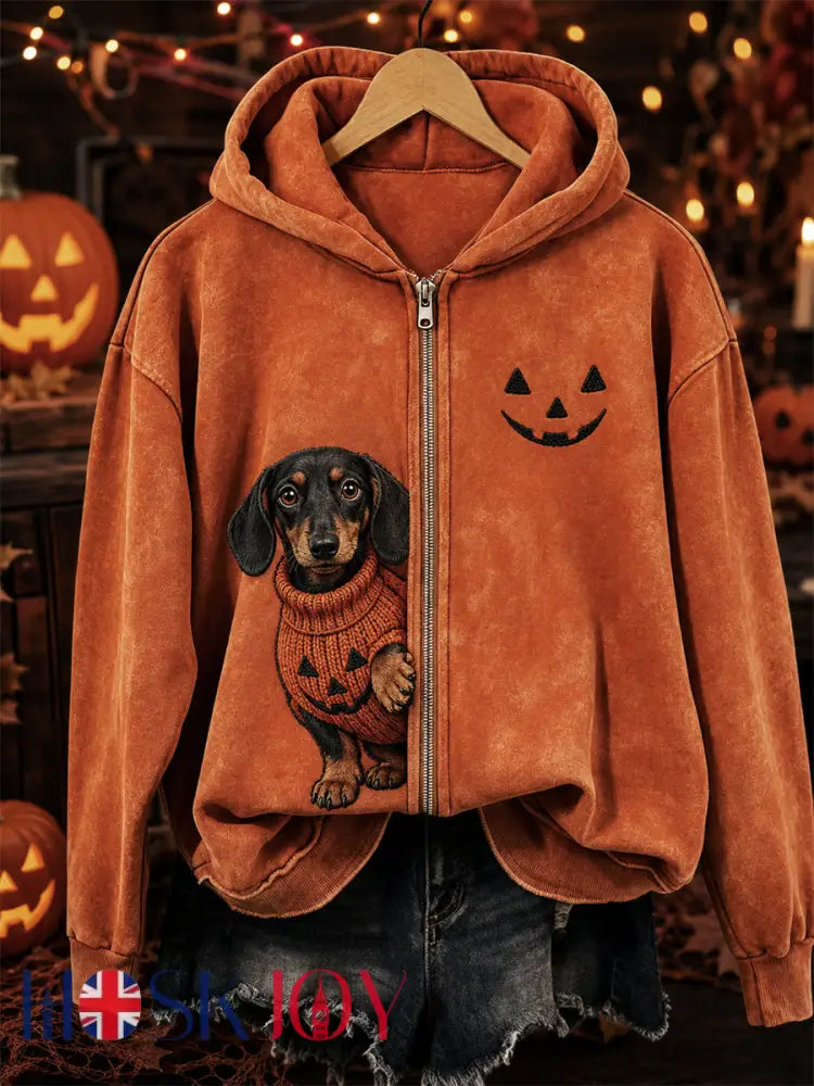 Women’s Halloween Peeking Dachshund Dog & Pumpkin Face Print Full Zip Hoodie - Orange / S