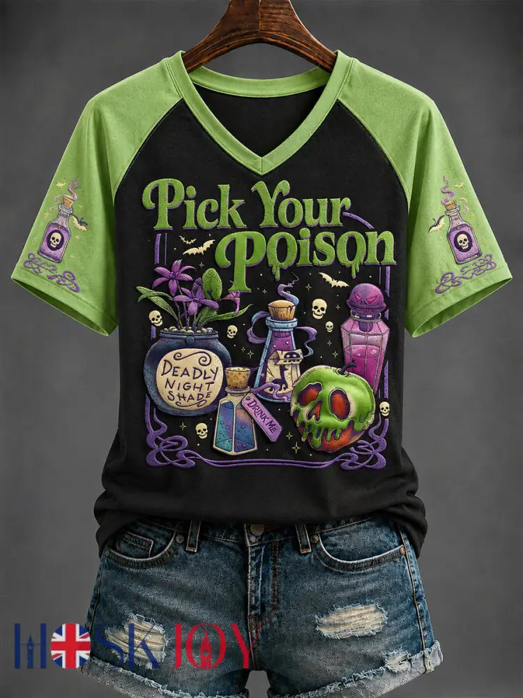 Women’s Halloween “Pick Your Poison” Printed V-neck T-shirt - As picture / S