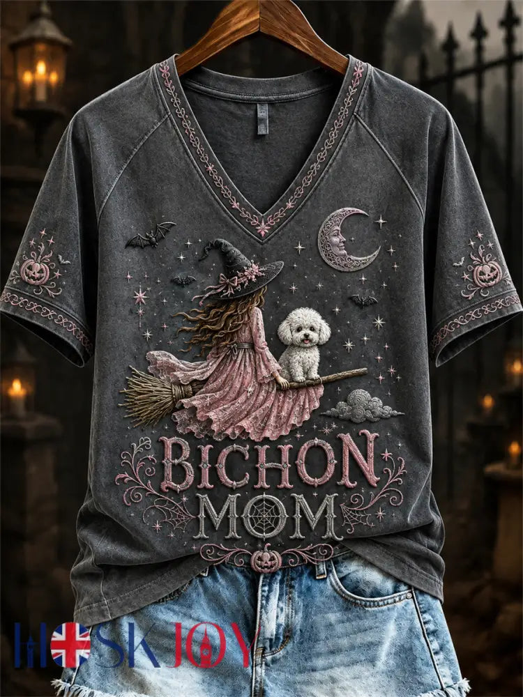 Women’s Halloween Pink Witch Bichon Mom Print short-sleeved T-shirt - Dark Gray / S