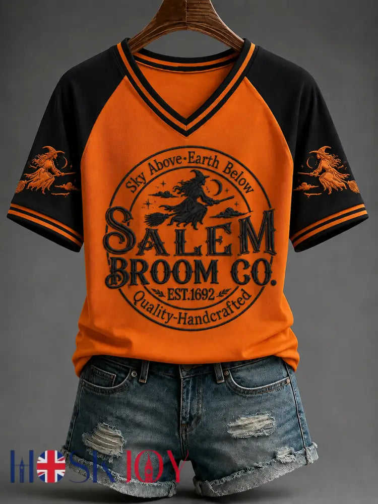 Women’s Halloween V-neck Off-shoulder Short-sleeved T-shirt - Pumpkin Orange / S