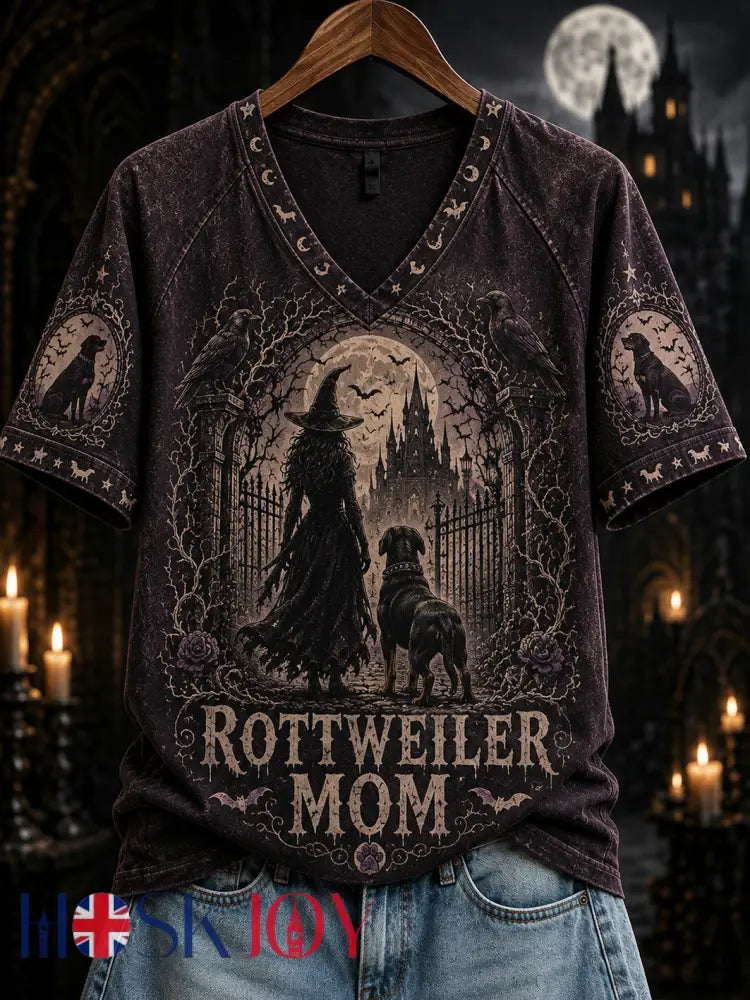 Women’s Halloween Witch And Dog Pattern Printed Casual Short Sleeve T-Shirt - Deep Purple / S