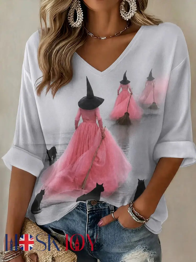 Women’s Halloween Witch Black Cat Mid-length Sleeves V-Neck T-Shirt - Light Gray / S