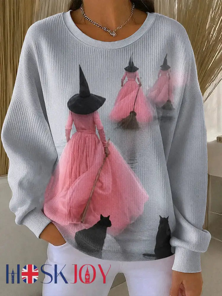 Women’s Halloween Witch Black Cat Ribbed Round-Neck Sweatshirt - Light Gray / S