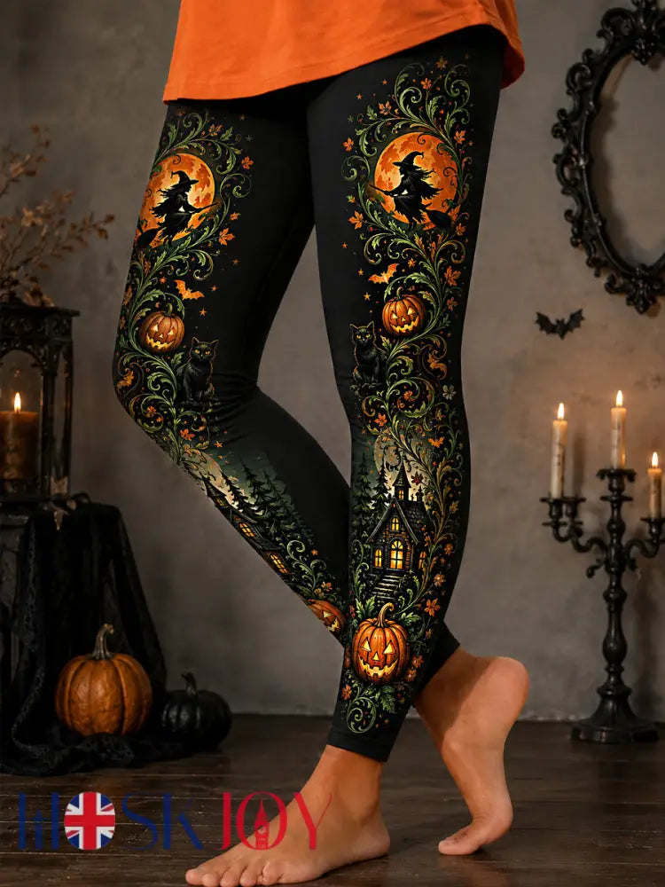 Women’s Halloween Witch Print Casual Leggings - Black / S