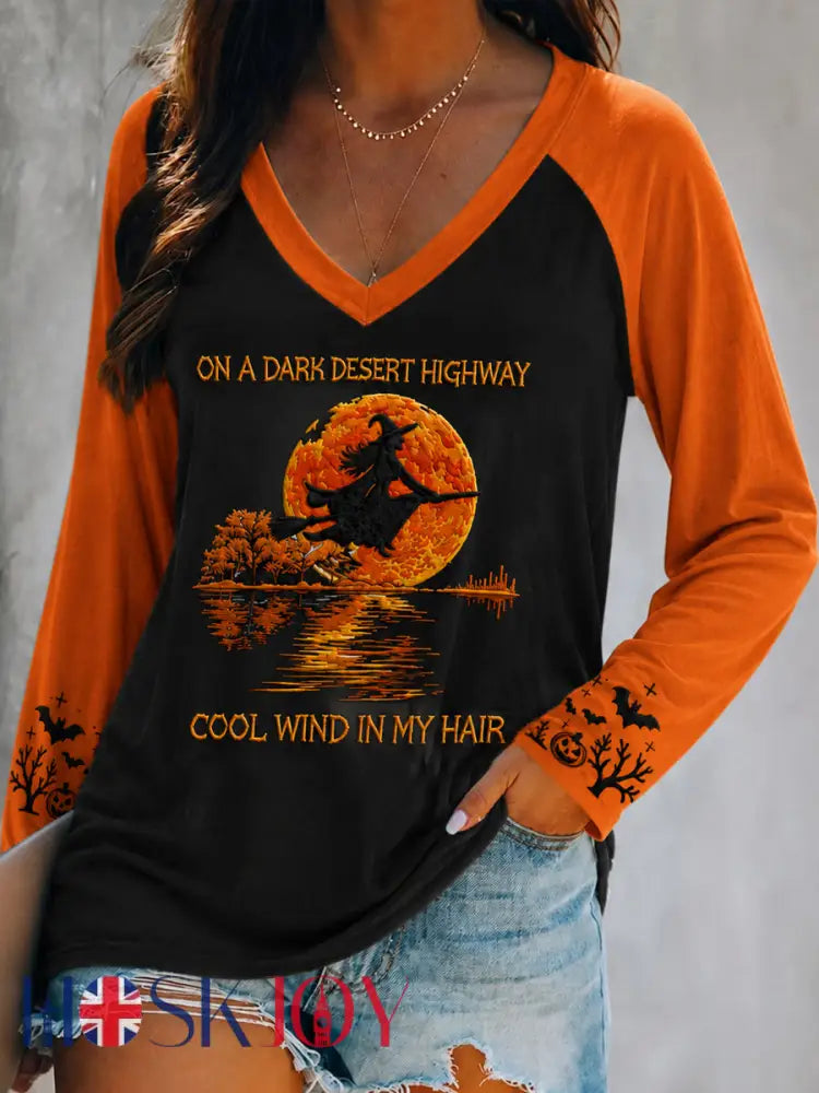 Women’s Halloween Witch Pumpkin Bat Printed V-Neck Long Sleeve Shirt - As picture / S