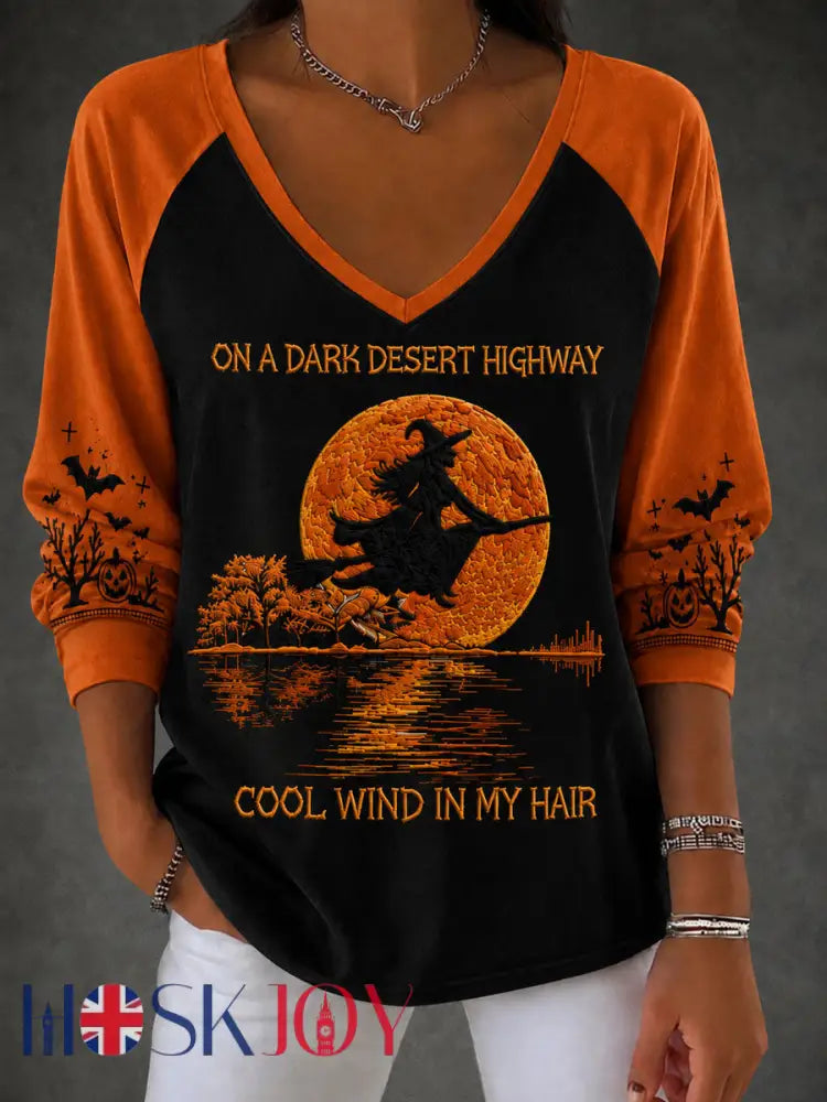 Women’s Halloween Witch Pumpkin Bat V-neck Casual Long Sleeve Shirt - As picture / S