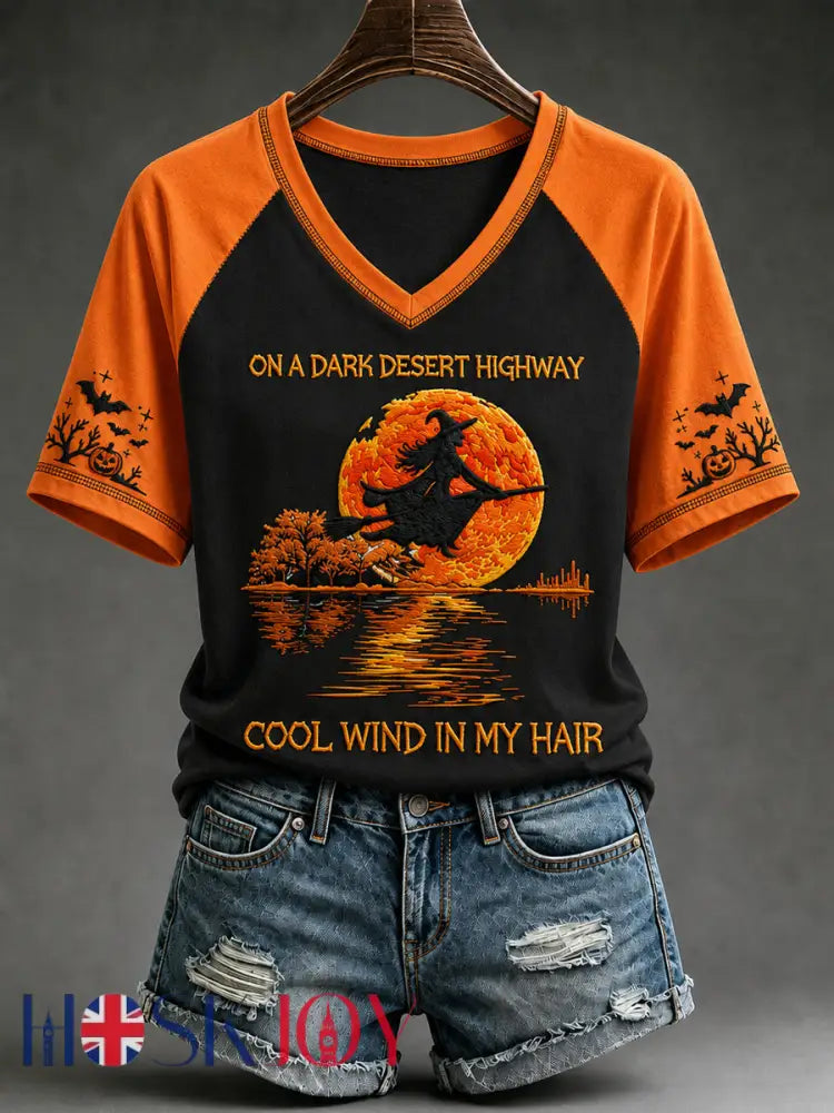 Women’s Halloween Witch Pumpkin Bat V-neck Short Sleeve T-shirt - As picture / S