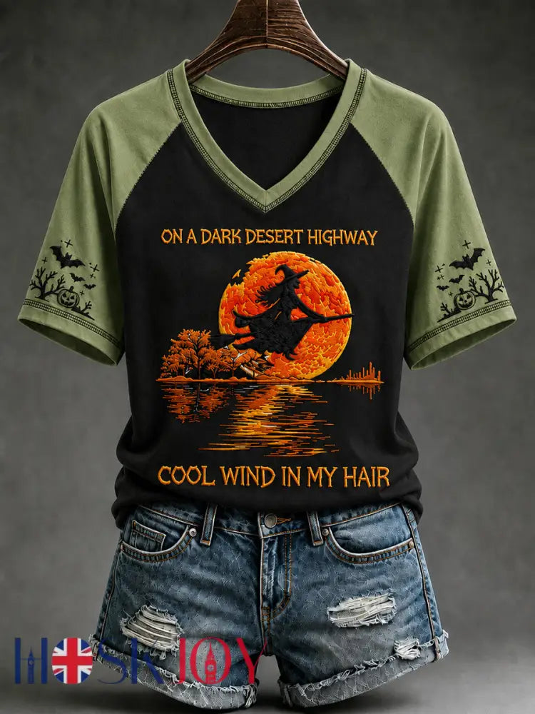 Women’s Halloween Witch Pumpkin Bat V-neck Short Sleeve T-shirt - Light Green / S