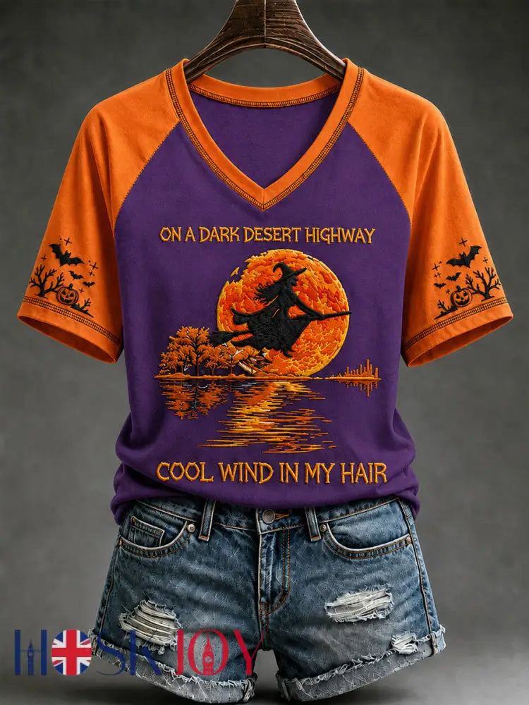 Women’s Halloween Witch Pumpkin Bat V-neck Short Sleeve T-shirt - Light Purple / S