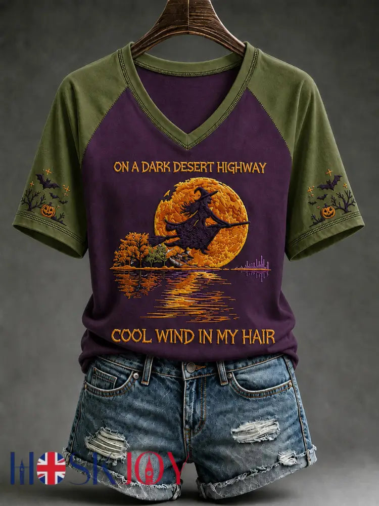Women’s Halloween Witch Pumpkin Bat V-neck Short Sleeve T-shirt - Purple / S