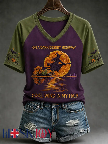 Women’s Halloween Witch Pumpkin Bat V-neck Short Sleeve T-shirt - Purple / S