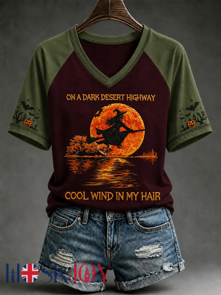 Women’s Halloween Witch Pumpkin Bat V-neck Short Sleeve T-shirt - Wine Red / S