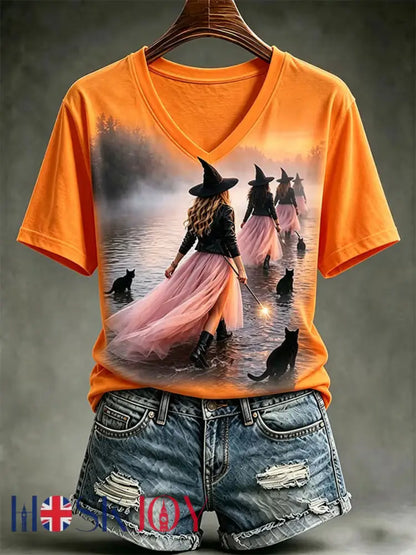 Women’s Halloween Witch Short-sleeved T-shirt - Orange / S