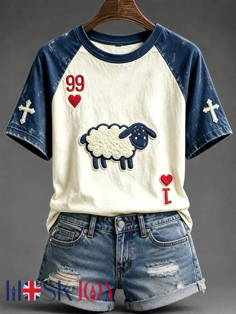 Women’s He Left The 99 Playing Card Inspired Faith Print Round Neck Short Sleeve T-shirt - Deep Blue / S