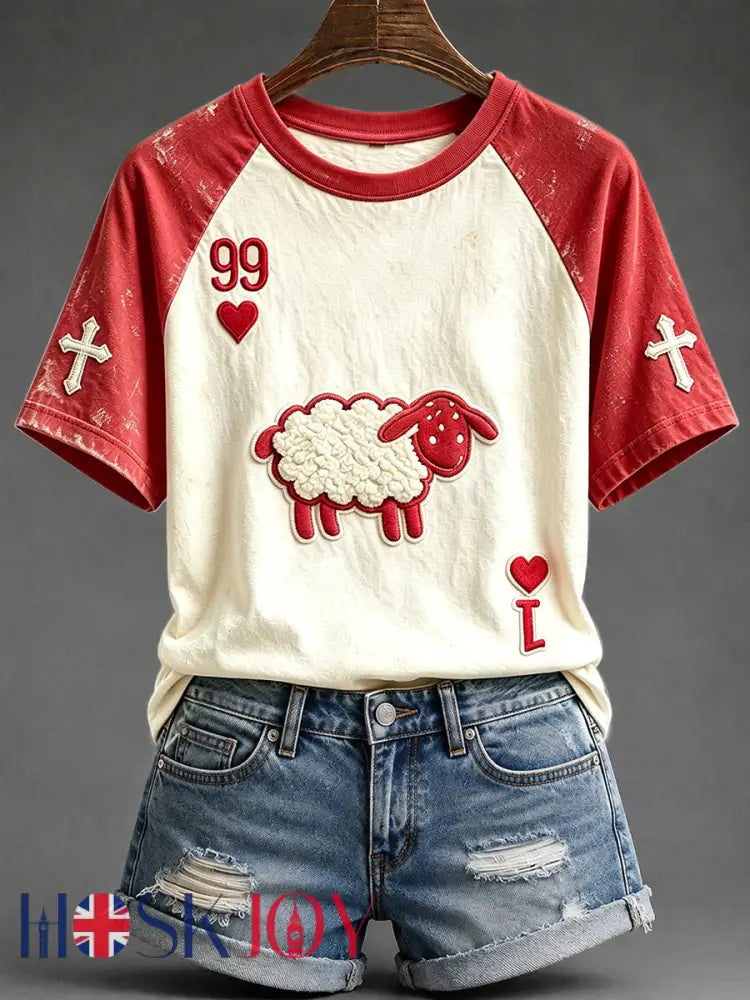 Women’s He Left The 99 Playing Card Inspired Faith Print Round Neck Short Sleeve T-shirt - Red / S
