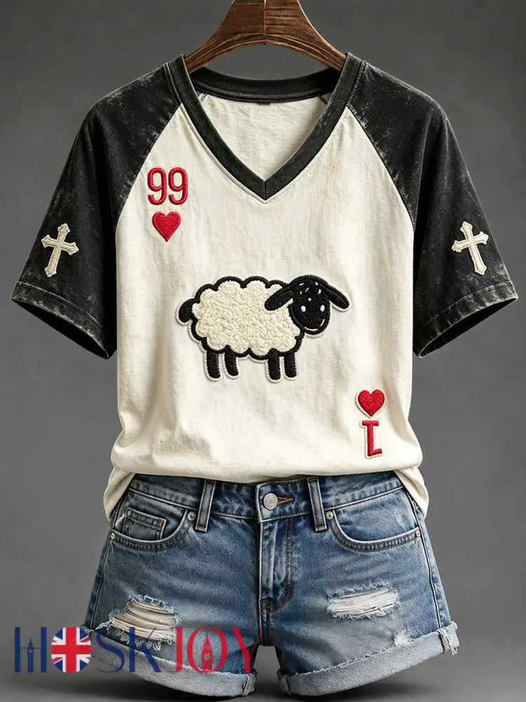 Women’s He Left The 99 Playing Card Inspired Faith Print V-neck Short-sleeved T-shirt - Black / S