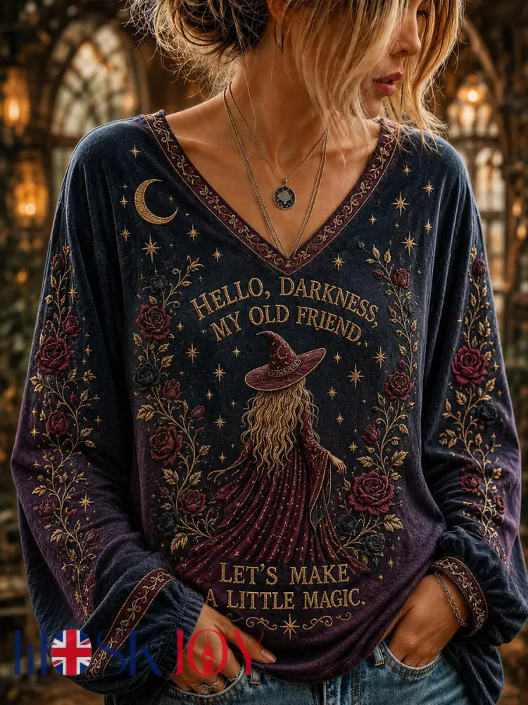 Women’s Hello Darkness My Old Friend Halloween Witch Print V-neck T-shirt - As picture / S