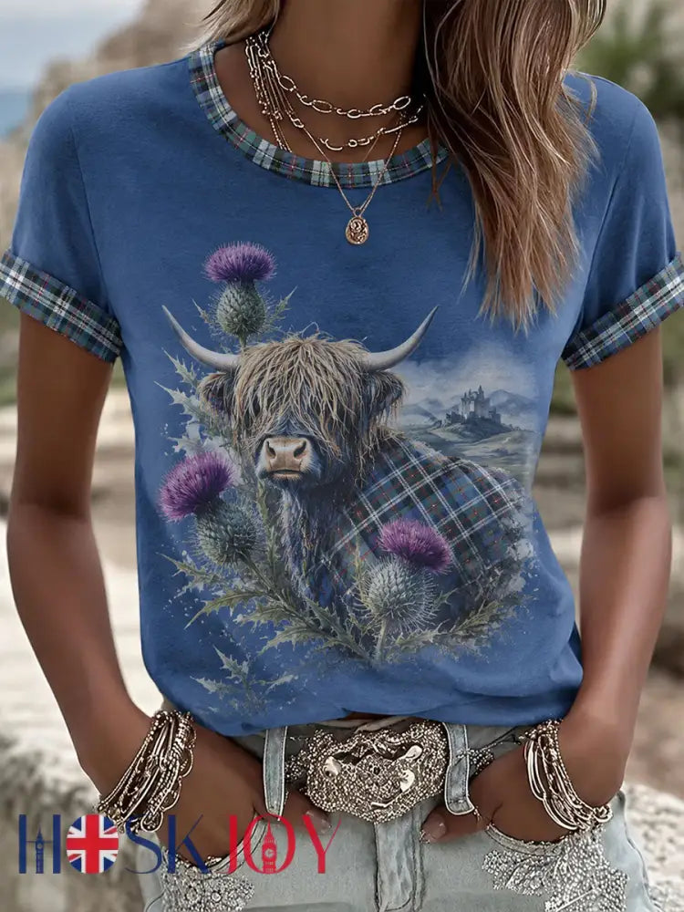 Women’s Highland Cow Print Casual T-Shirt - Blue / S