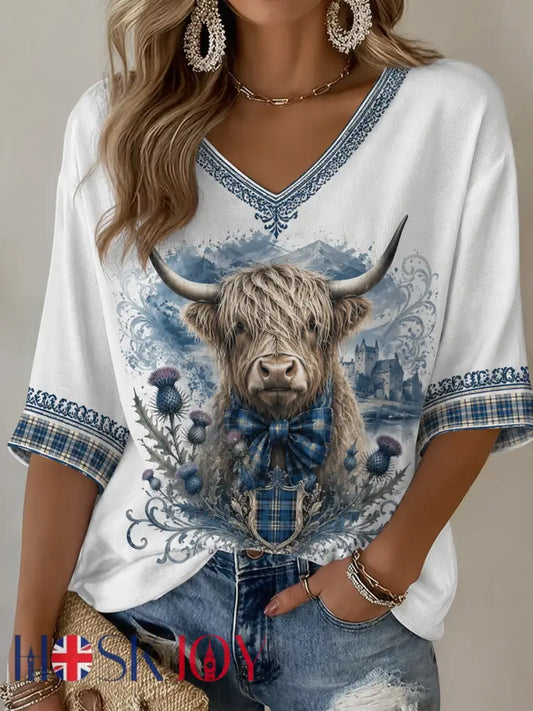 Women’s Highland cow print Mid-length Sleeves V-Neck T-Shirt - White / S