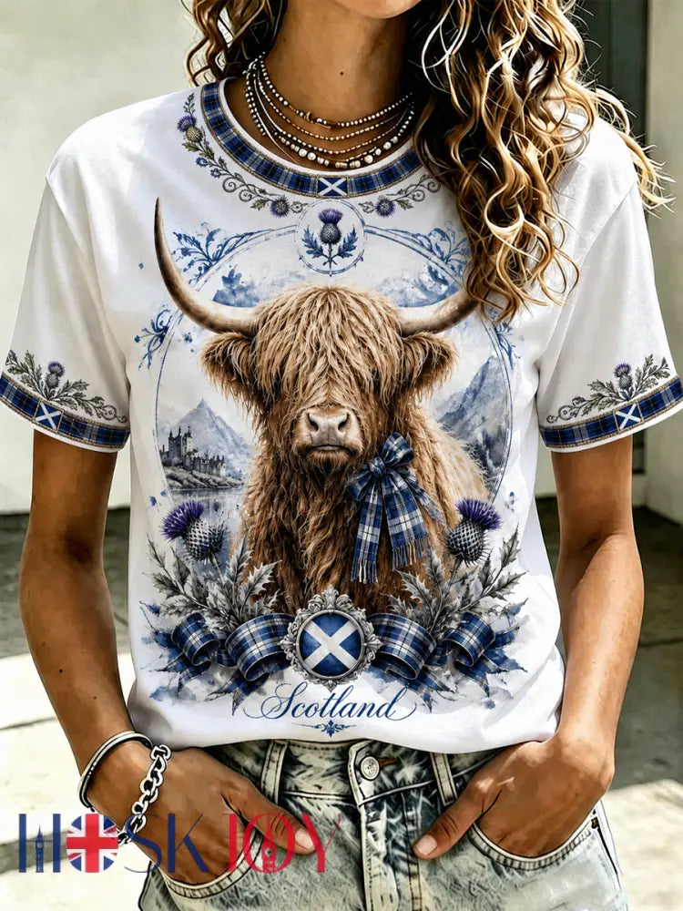Women’s Highland cow print short-sleeved T-shirt - White / S