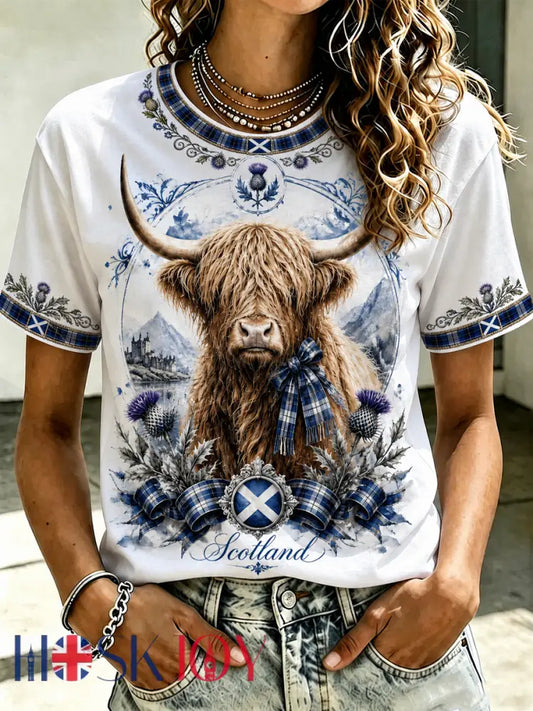 Women’s Highland cow print short-sleeved T-shirt - White / S