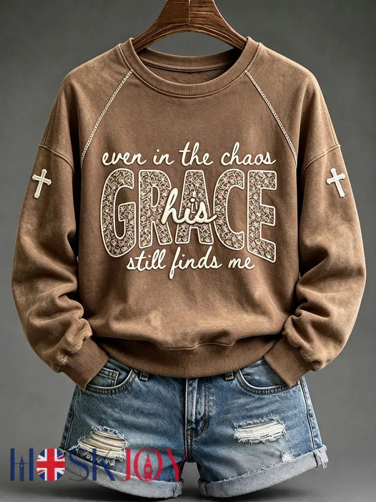 Women’s His Grace Still Finds Me Christian Faith Floral Print Cozy Sweatshirt - Brown / S