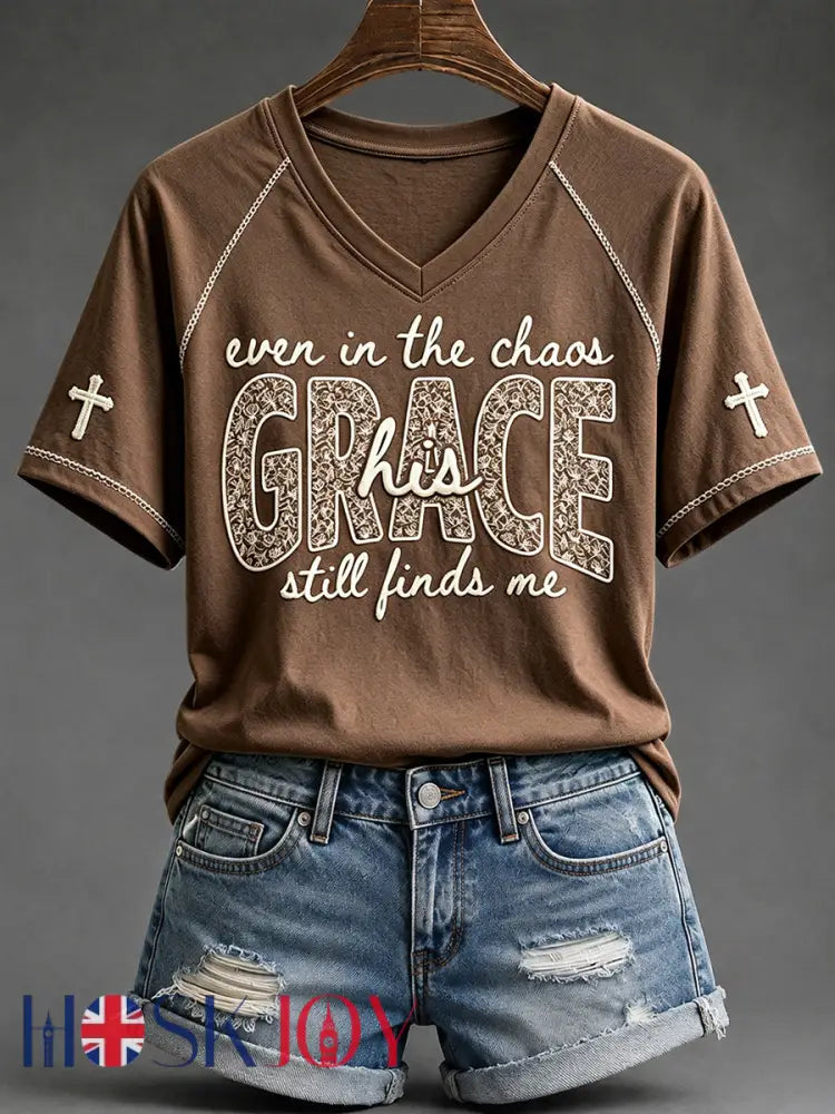 Women’s His Grace Still Finds Me Christian Faith Floral Print V-neck Short-sleeved T-shirt - Brown / S