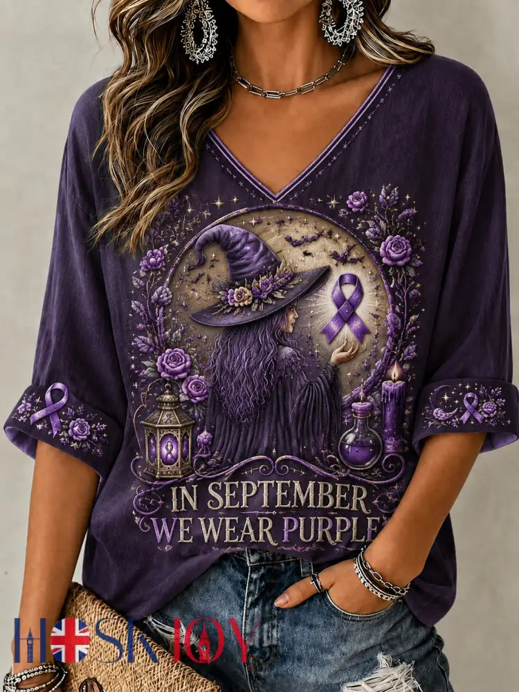 Women’s In September We Wear Purple Mid-length Sleeves V-Neck T-Shirt - Deep Purple / S