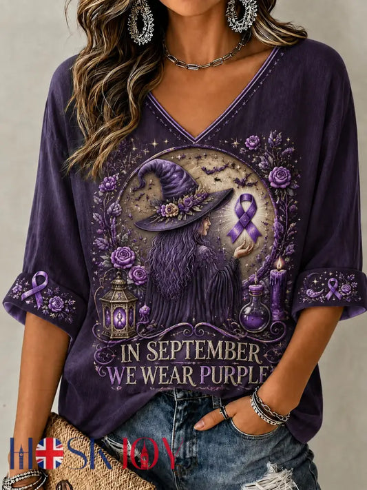 Women’s In September We Wear Purple Mid-length Sleeves V-Neck T-Shirt - Deep Purple / S