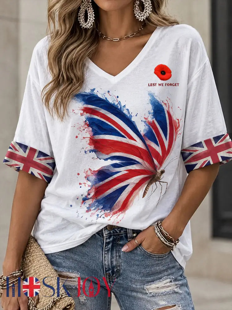 Women’s Lest We Forget Butterfly Print Mid-length Sleeves V-Neck T-Shirt - White / S