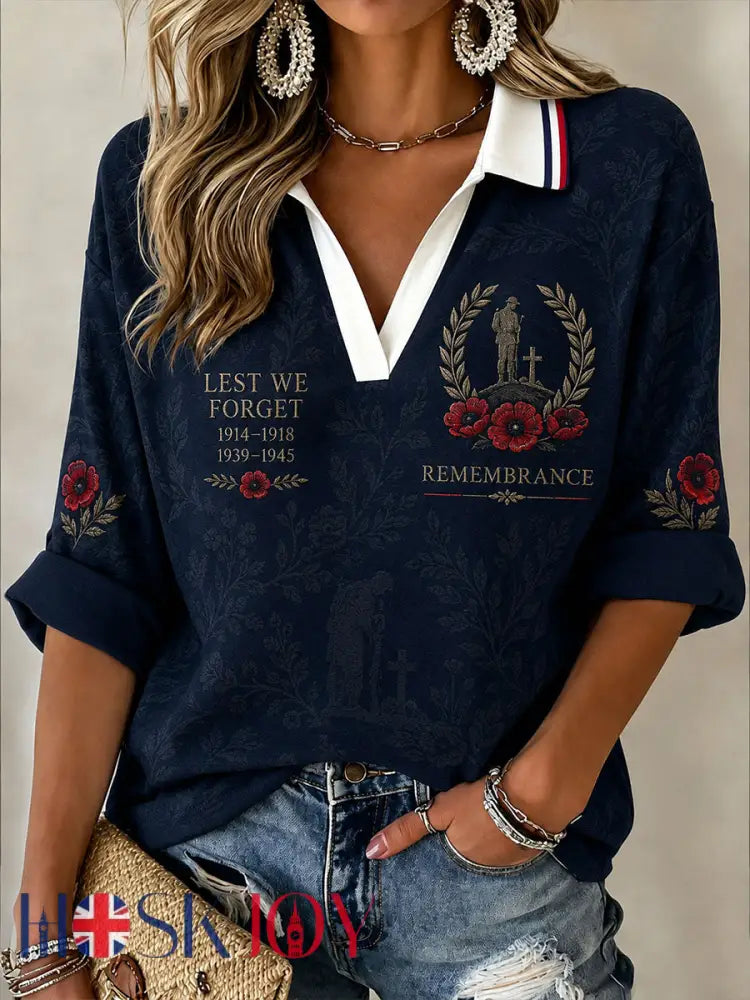 Women’s Lest We Forget Mid-length Sleeves V-Neck T-Shirt - Navy Blue / S