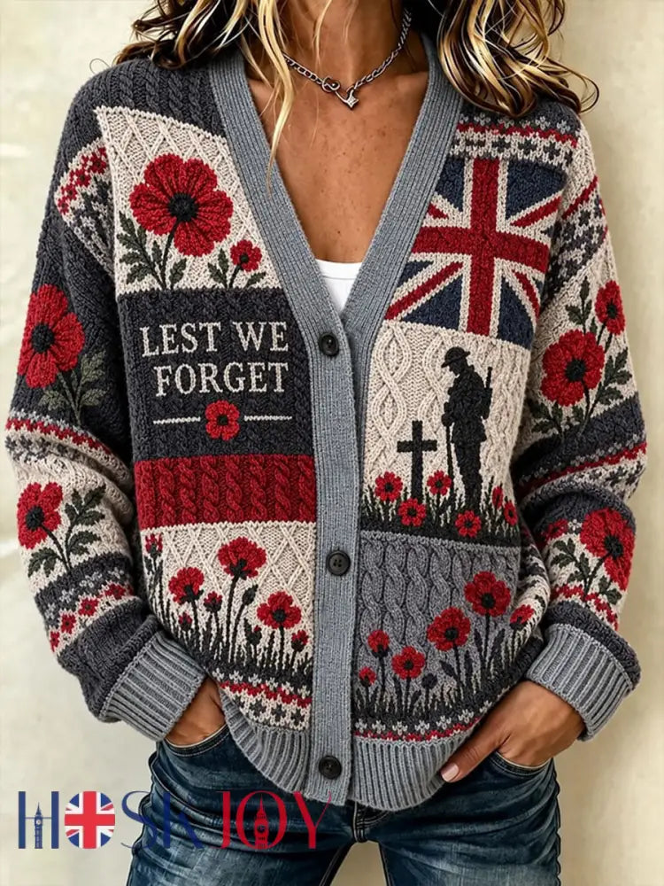 Women’s Lest We Forget Print Cardigan-Style Knit Jacket - Gray / S