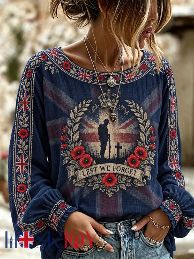 Women’s Lest We Forget Print Cotton-Linen Shirt - Navy Blue / S