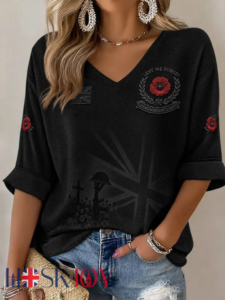 Women’s Lest We Forget Print Mid-length Sleeves V-Neck T-Shirt - Black / S