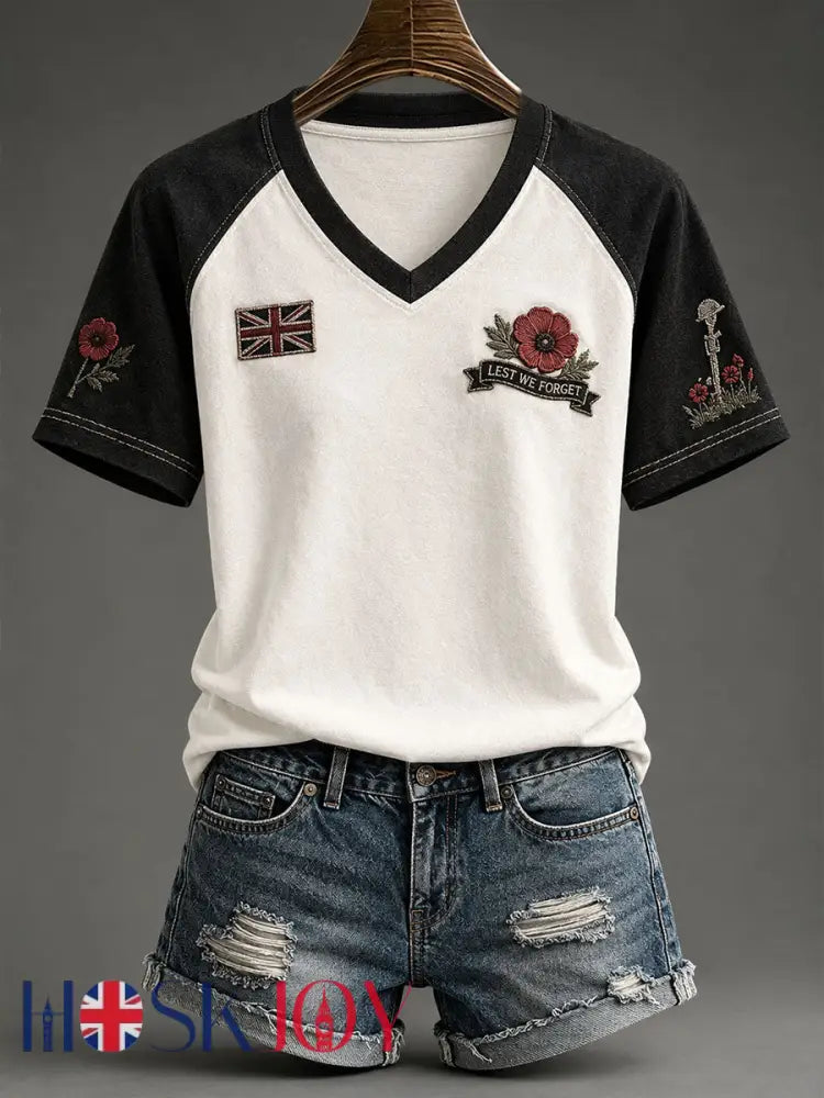 Women’s Lest We Forget Print V-neck T-shirt - White / S