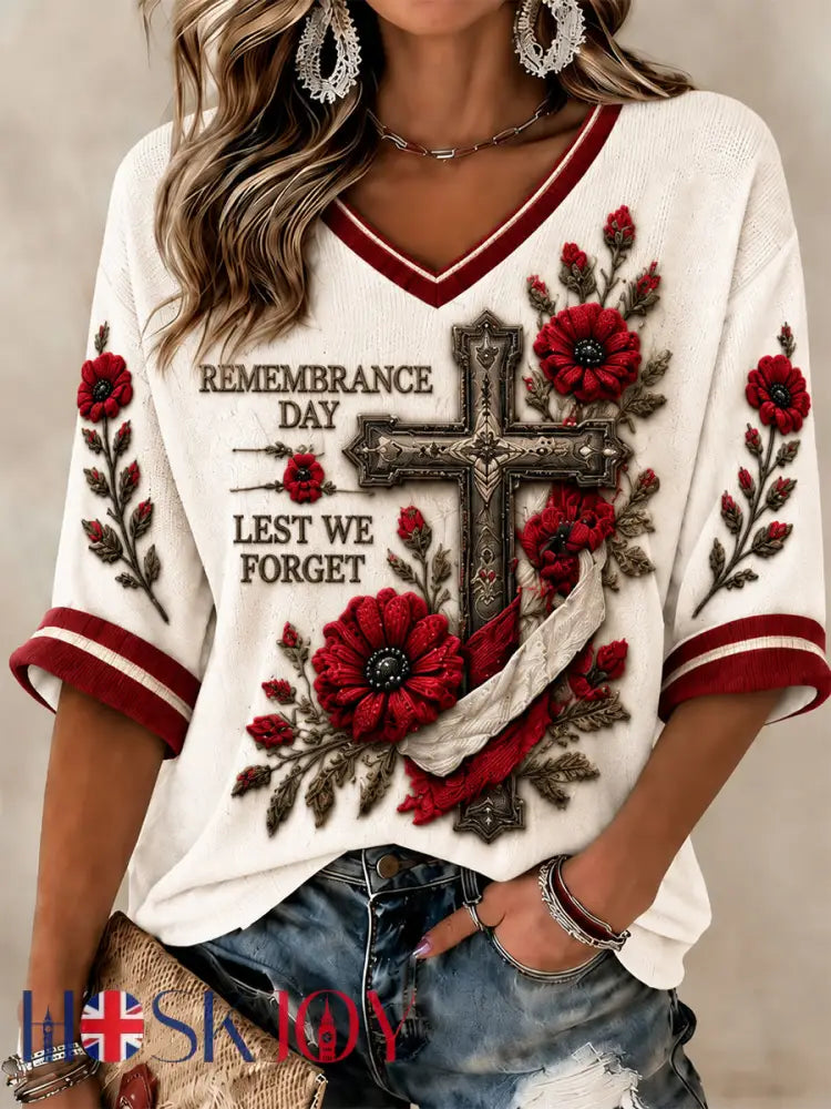 Women’s Lest We Forget Printed Mid-length Sleeves V-neck T-shirt - Apricot / S