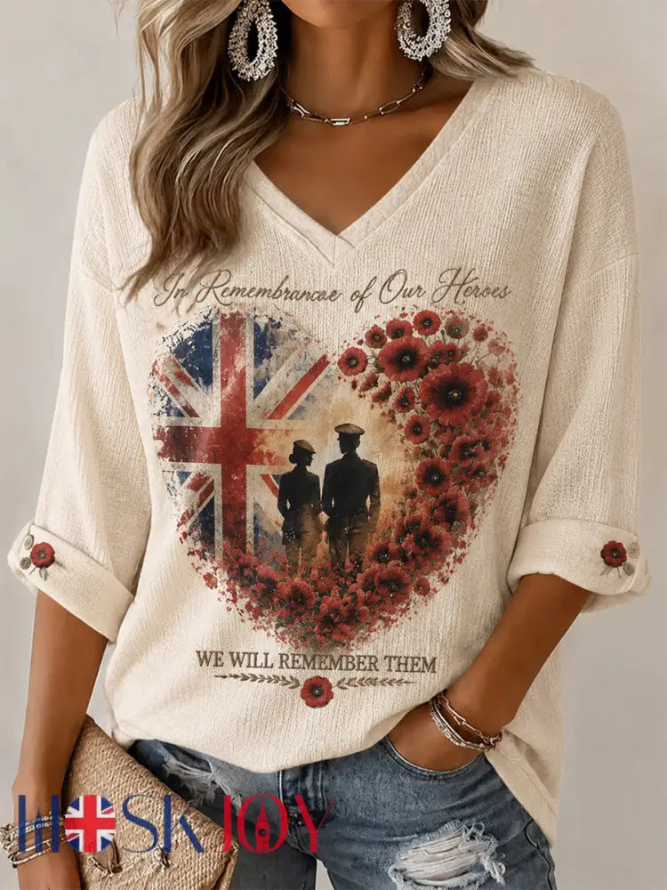 Women’s Lest We Forget Printed Mid-length Sleeves V-neck T-shirt - Apricot / S