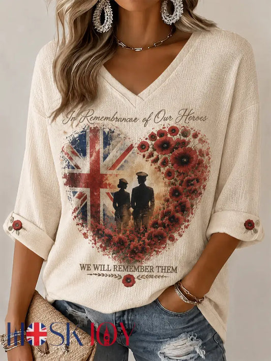 Women’s Lest We Forget Printed Mid-length Sleeves V-neck T-shirt - Apricot / S