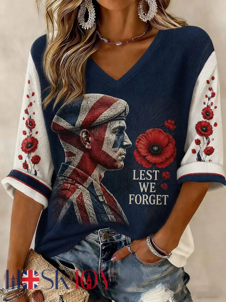 Women’s Lest We Forget Printed Mid-length Sleeves V-neck T-shirt - As picture / S