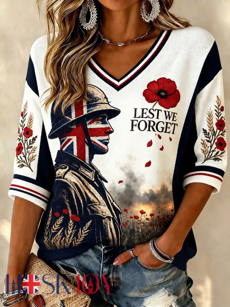 Women’s Lest We Forget Printed Mid-length Sleeves V-neck T-shirt - As picture / S