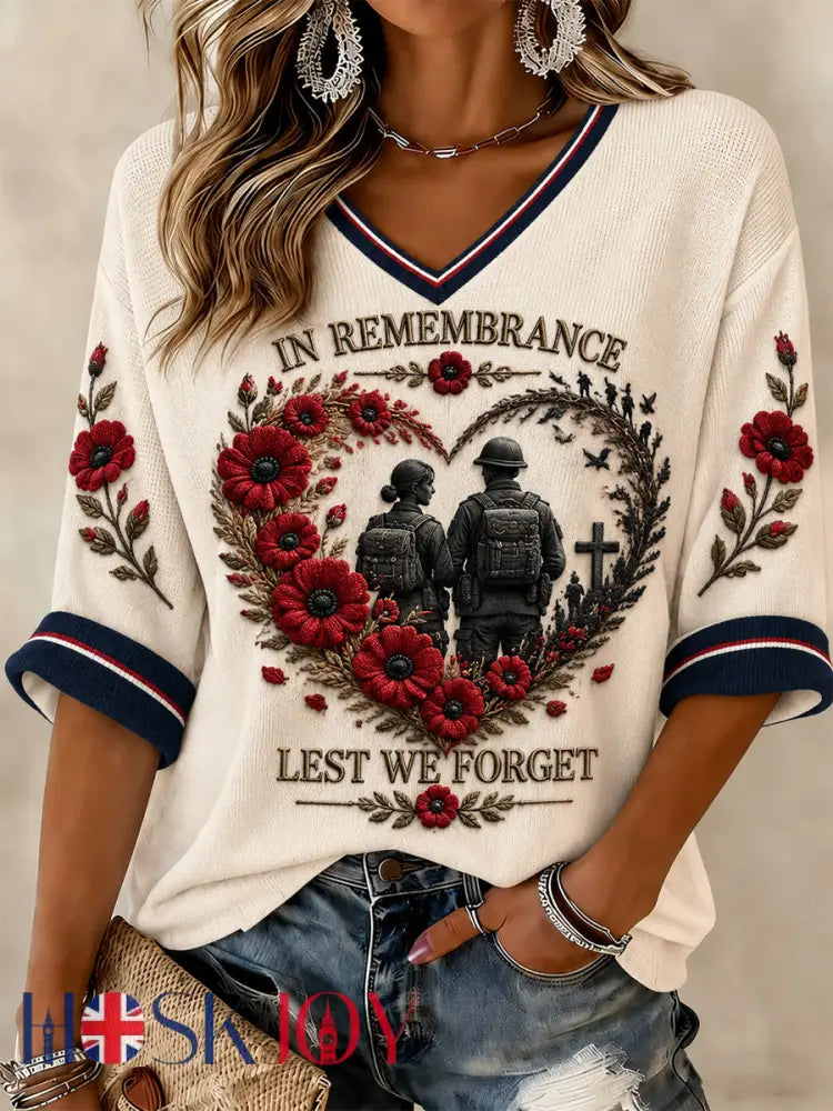 Women’s Lest We Forget Printed Mid-length Sleeves V-neck T-shirt - Beige / S