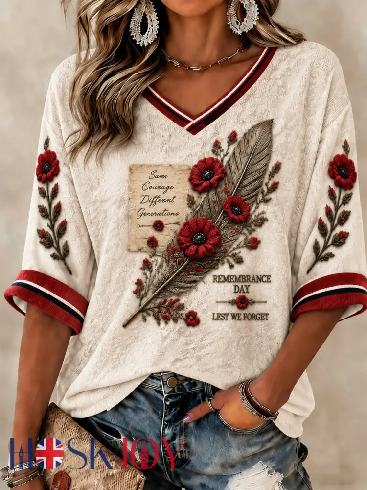 Women’s Lest We Forget Printed Mid-length Sleeves V-neck T-shirt - Beige / S