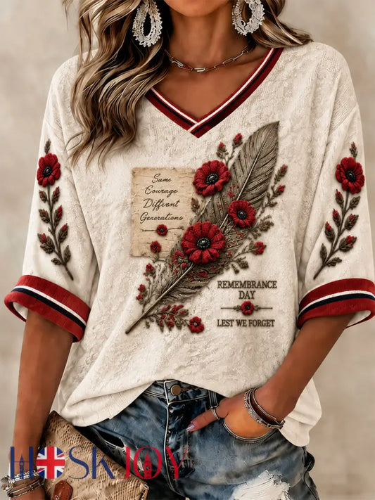 Women’s Lest We Forget Printed Mid-length Sleeves V-neck T-shirt - Beige / S
