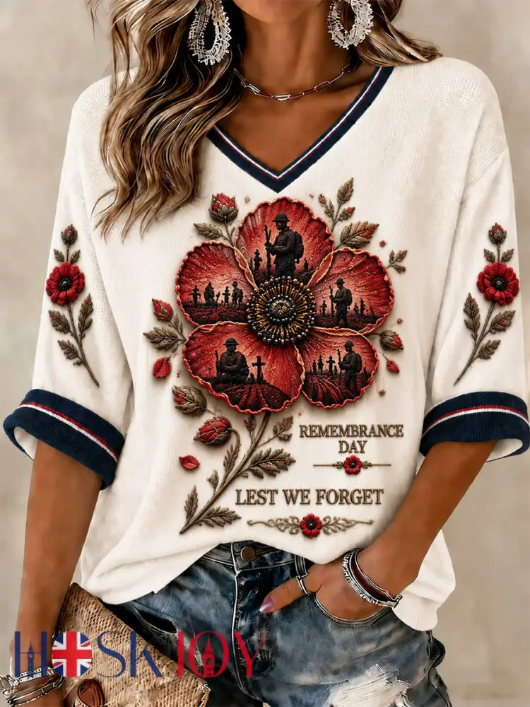 Women’s Lest We Forget Printed Mid-length Sleeves V-neck T-shirt - Beige / S